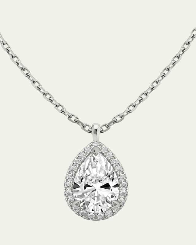 14K White Gold Pear-Cut Halo Lab Grown Diamond Pendant Necklace, 1.0tcw
